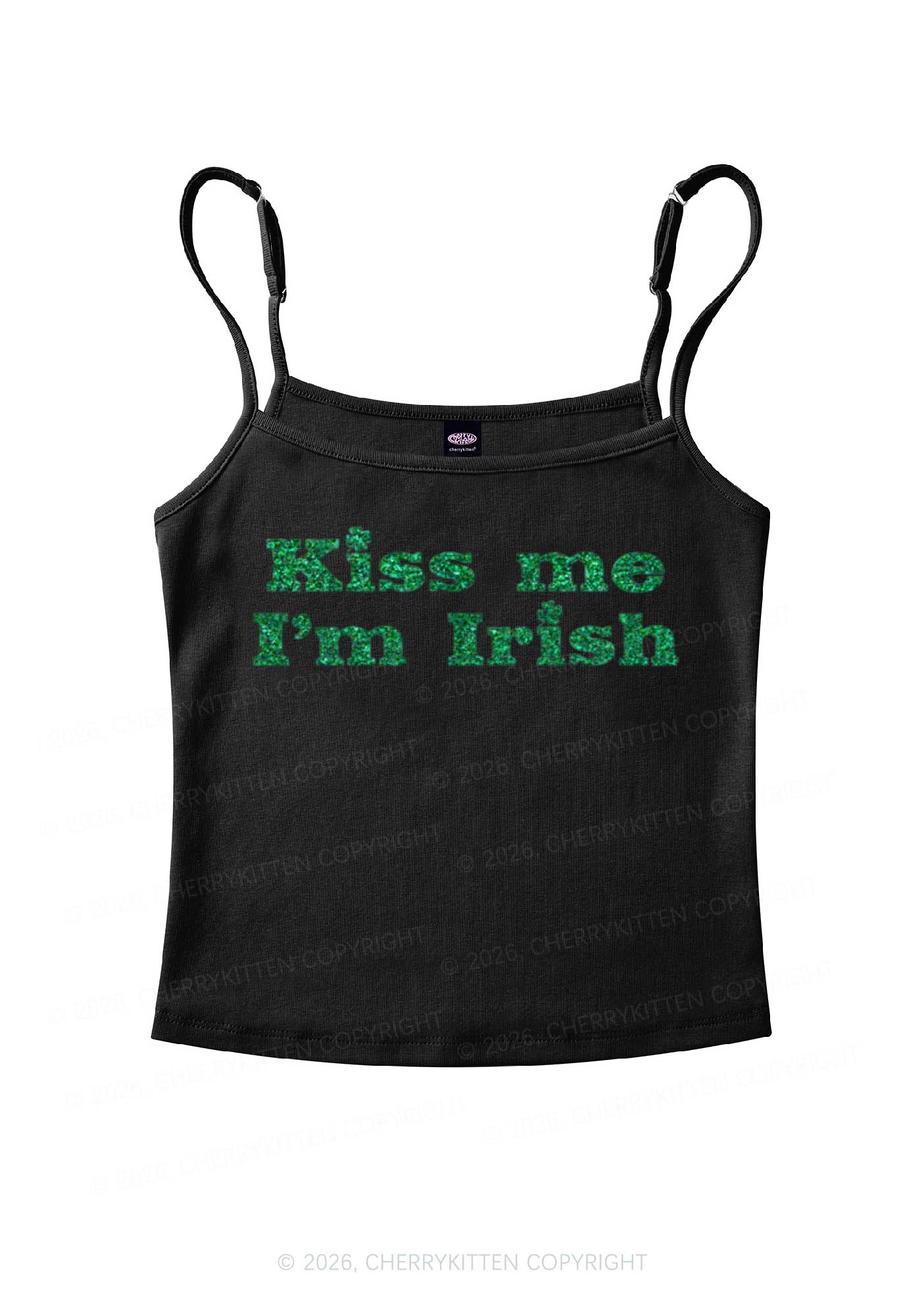Glitter Kiss Me St Patricks Y2K Spaghetti Strap Cami Cherrykitten