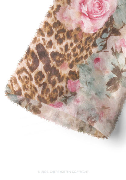 Pink Rose Leopard Y2K Print Fuzzy Straight Leg Warmers Cherrykitten