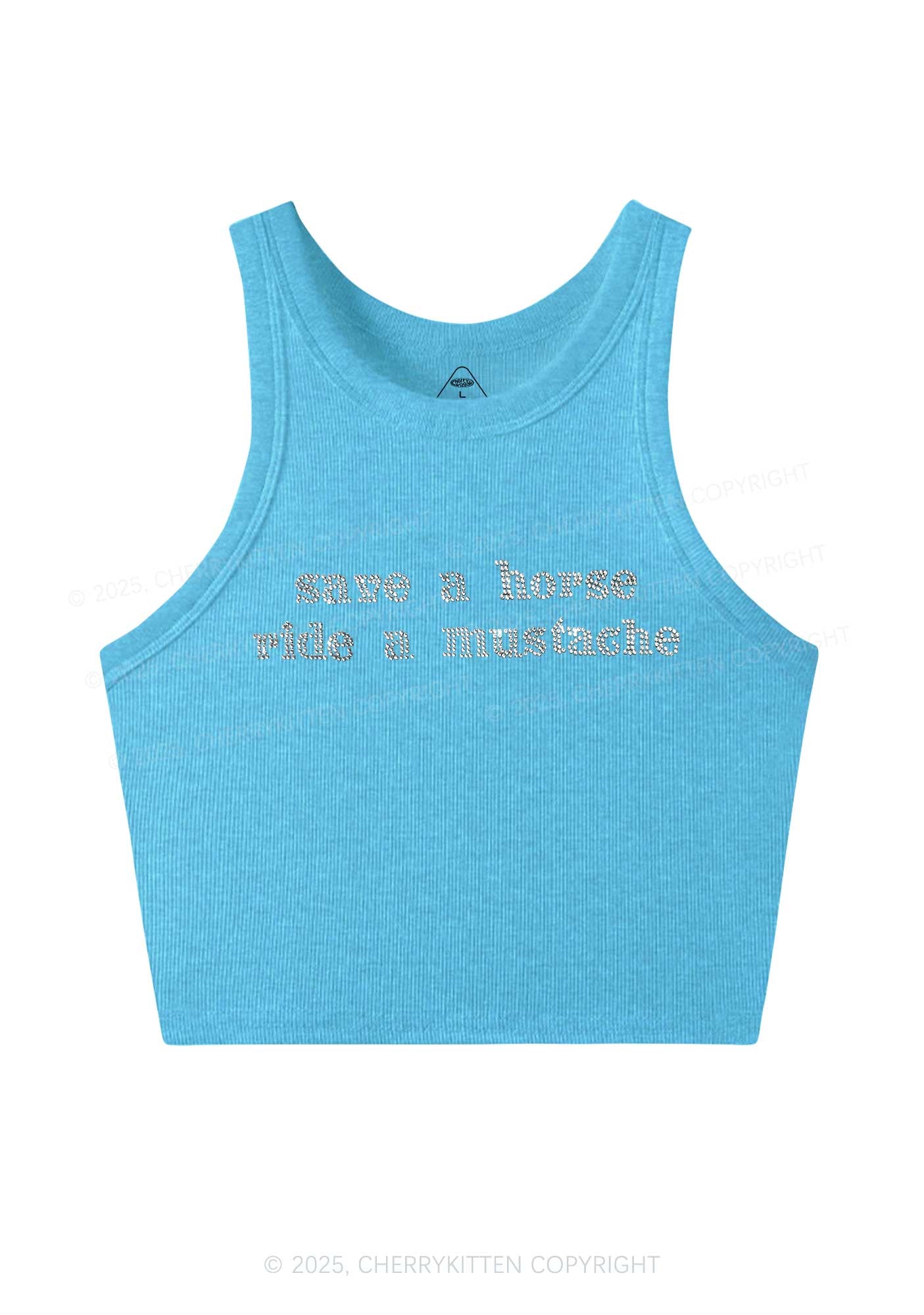 Rhinestone Ride A Mustache Y2K Crop Tank Top Cherrykitten
