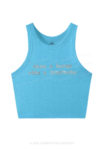 Rhinestone Ride A Mustache Y2K Crop Tank Top Cherrykitten