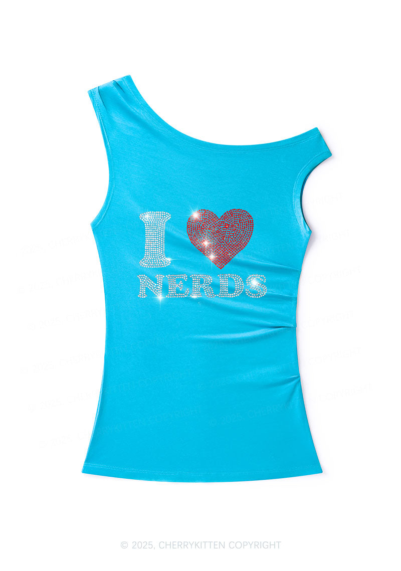 Rhinestone I Love Nerds Y2K Off Shoulder Tank Top Cherrykitten