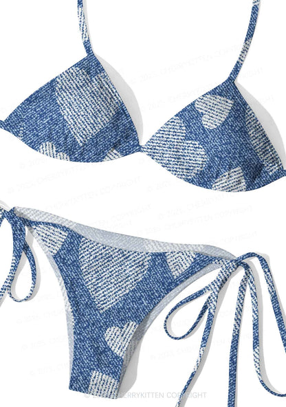 Denim Heartbeat Y2K Print Bikini Set Cherrykitten