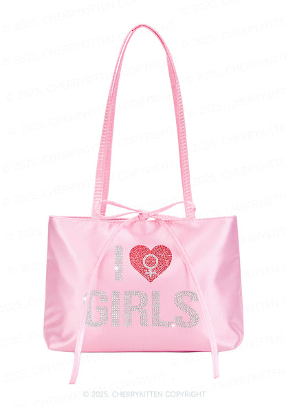 Rhinestone I Love Girls Pride Y2K Satin Bags Cherrykitten