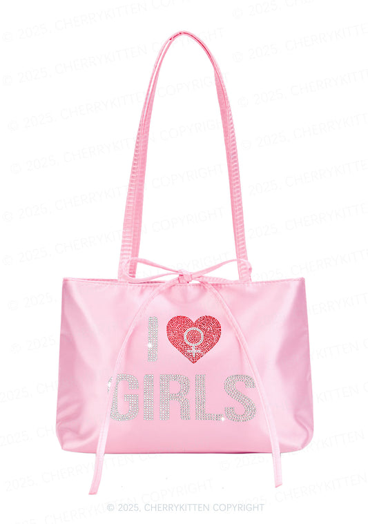 Rhinestone I Love Girls Pride Y2K Satin Bags Cherrykitten