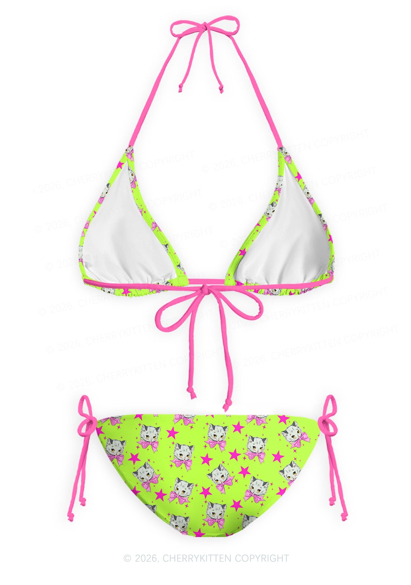 Pink Bow Cats Star Y2K Print Bikini Set Cherrykitten