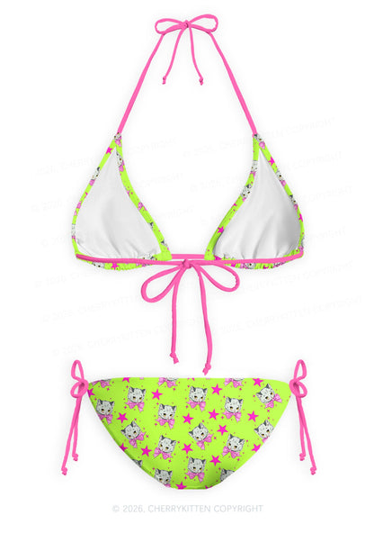 Pink Bow Cats Star Y2K Print Bikini Set Cherrykitten