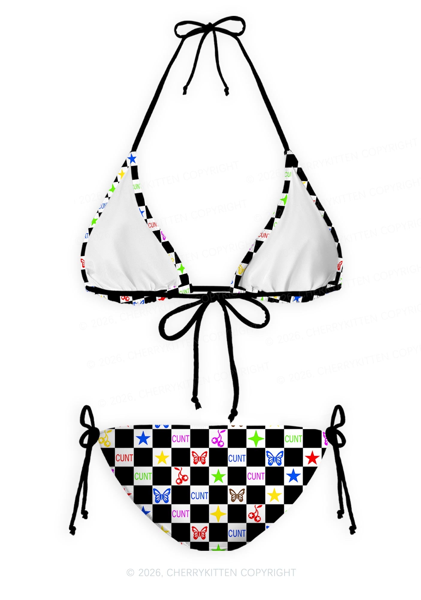 Black White Checkered Cxxt Y2K Print Bikini Set Cherrykitten