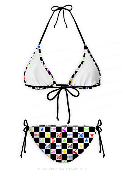Black White Checkered Cxxt Y2K Print Bikini Set Cherrykitten