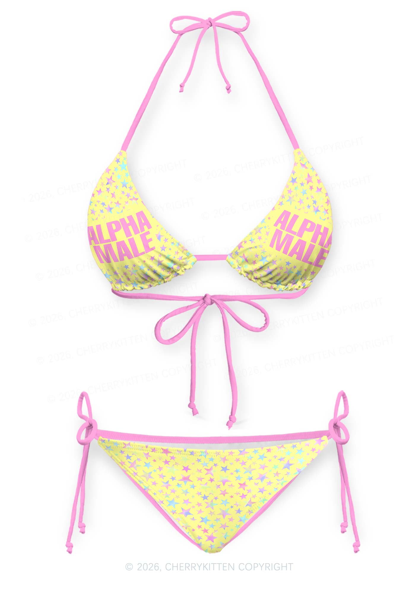 Pale Yellow Alpha Male Pride Y2K Print Bikini Set Cherrykitten