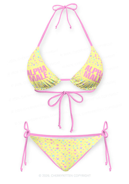 Pale Yellow Alpha Male Pride Y2K Print Bikini Set Cherrykitten