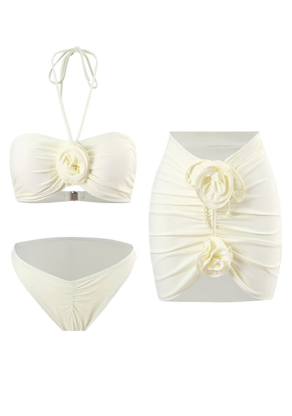 White Flower Halter Three piece Y2K Bikini Set Cherrykitten