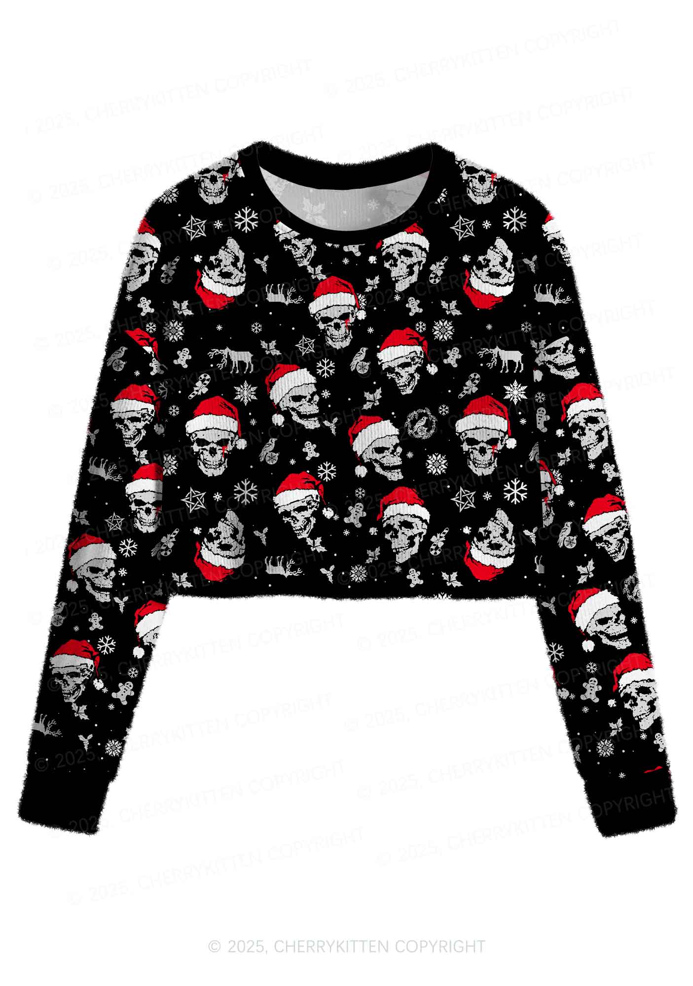Skull Santa Y2K Christmas Crop Knit Sweatshirt Cherrykitten