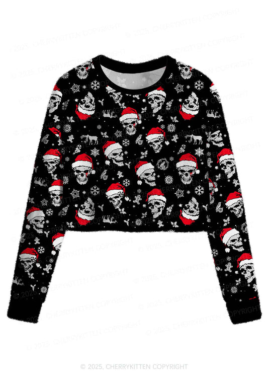 Skull Santa Y2K Christmas Crop Knit Sweatshirt Cherrykitten
