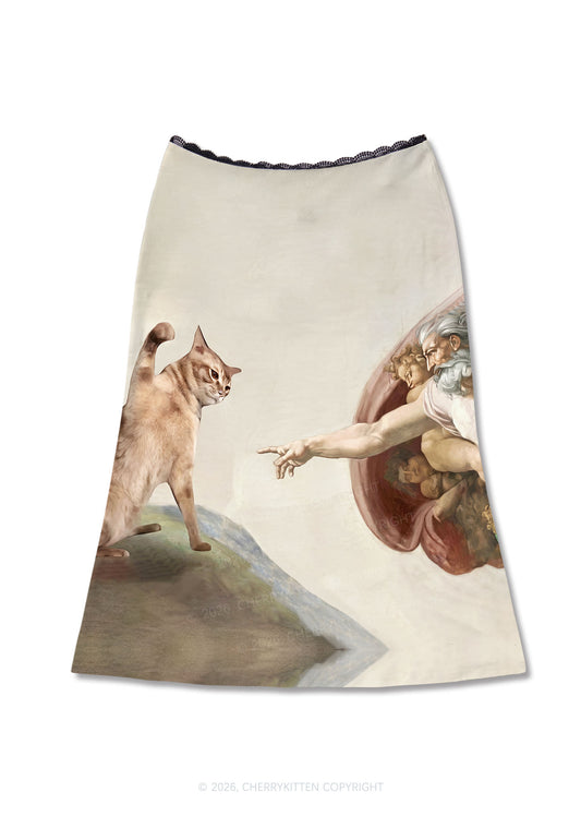 God Give Cat Y2K Print Midi Skirt Cherrykitten