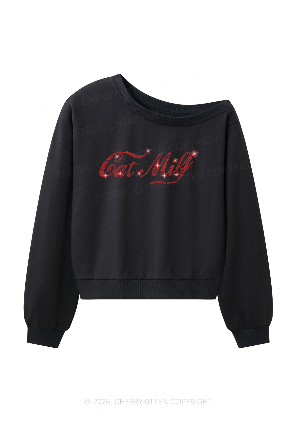 Rhinestone Cat Mxxf Y2K Off Shoulder Sweatshirts Cherrykitten