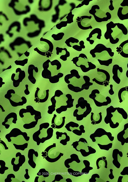 Fluorescent Green Leopard St Patricks Y2K Print Satin Cowl Neck Slip Dress Cherrykitten