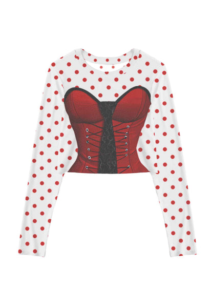 Dots Red Corset Y2K Mesh Long Sleeve Crop Top Cherrykitten