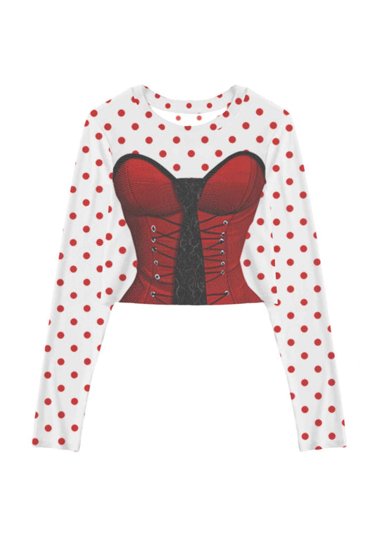 Dots Red Corset Y2K Mesh Long Sleeve Crop Top Cherrykitten