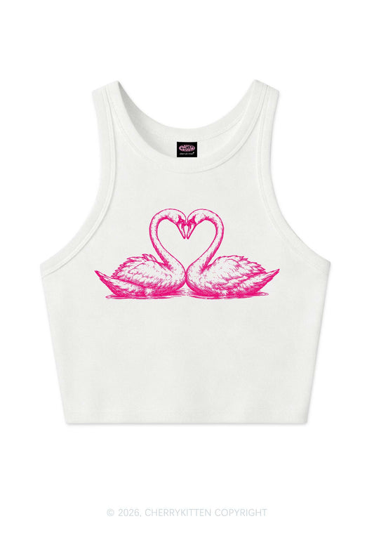 Pink Swans Heart Y2K Crop Tank Top Cherrykitten