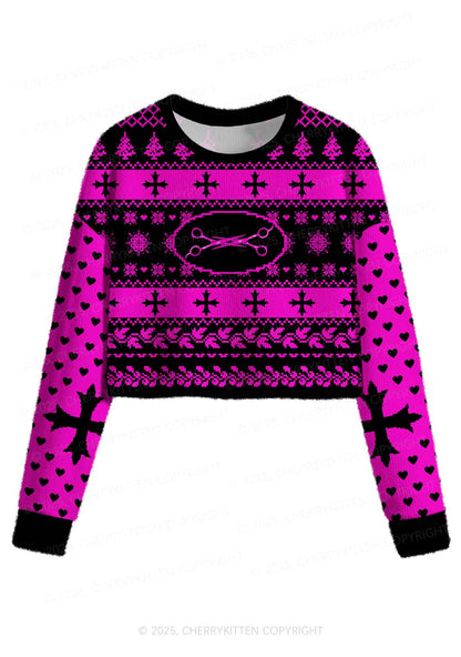 Pink Scissor Pride Y2K Christmas Crop Knit Sweatshirt Cherrykitten