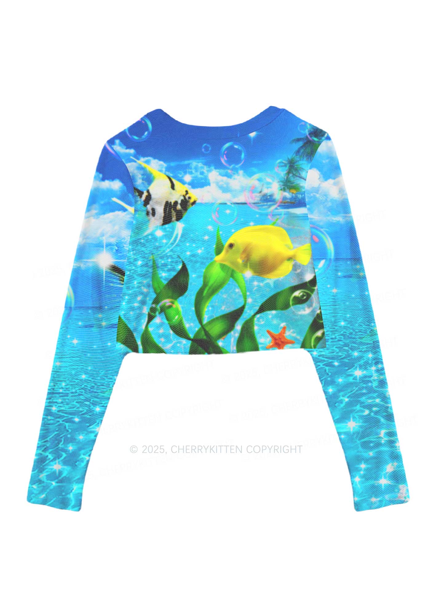 Tropical Fish Y2K Mesh Long Sleeve Crop Top Cherrykitten