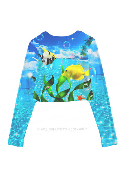 Tropical Fish Y2K Mesh Long Sleeve Crop Top Cherrykitten