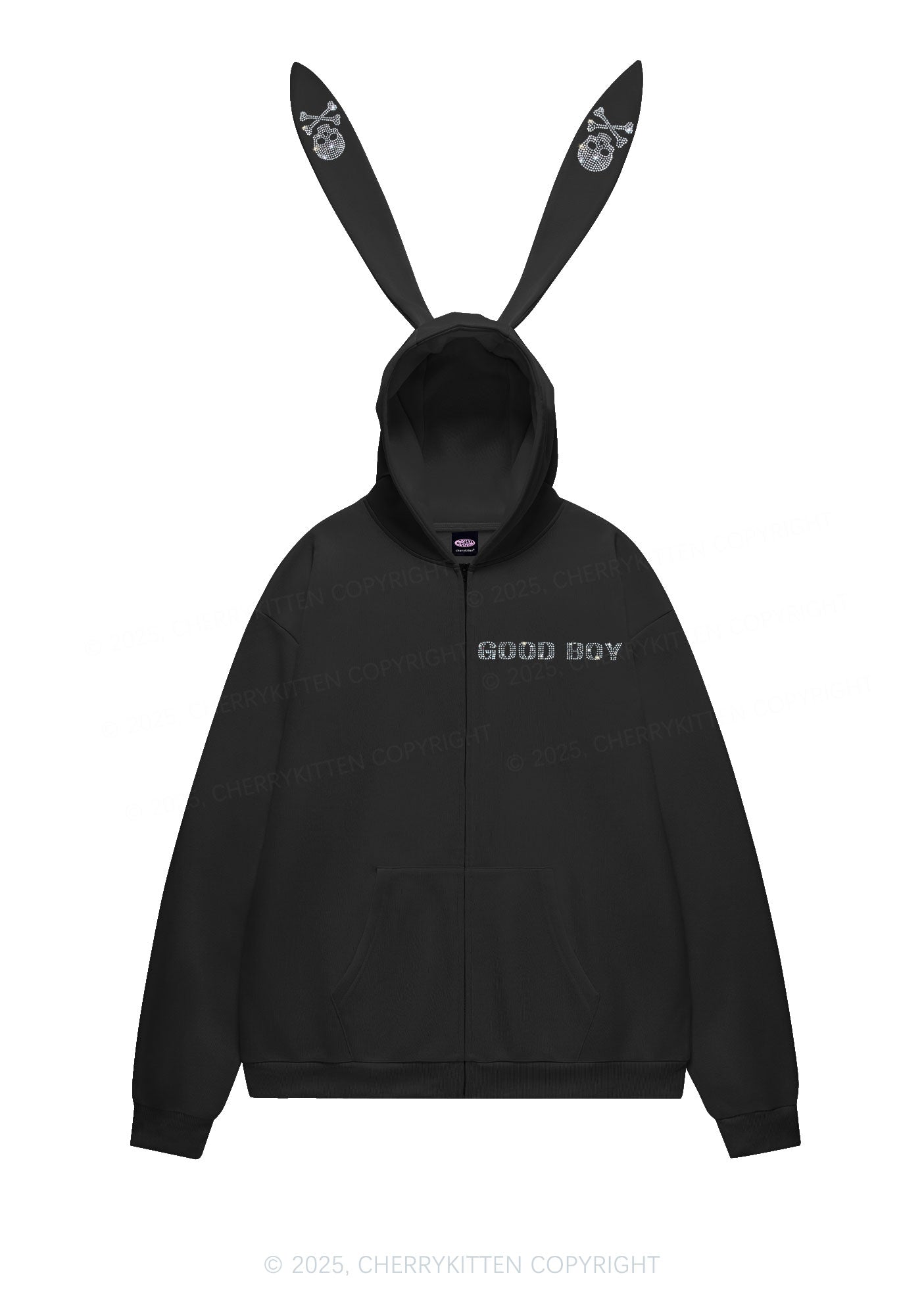 Rhinestone Good Boy Y2K Bunny Ear Zip Hoodie Cherrykitten