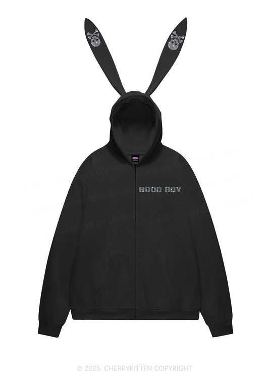 Rhinestone Good Boy Y2K Bunny Ear Zip Hoodie Cherrykitten