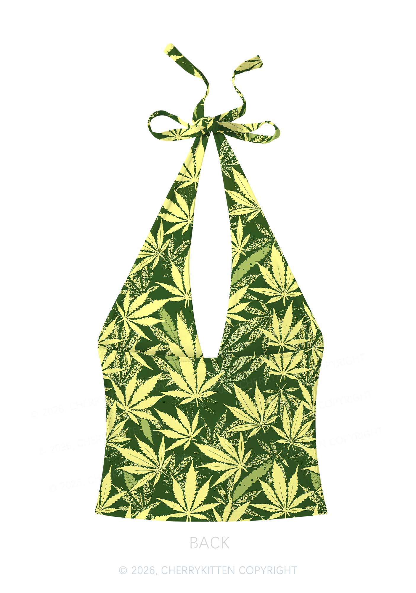 Green Wxxd Leaf Y2K Print Halter Deep V Neck Cami Cherrykitten