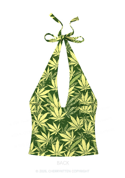 Green Wxxd Leaf Y2K Print Halter Deep V Neck Cami Cherrykitten