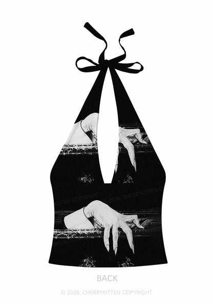 Halloween Black Vampire Claw Y2K Print Halter Deep V Neck Cami Cherrykitten