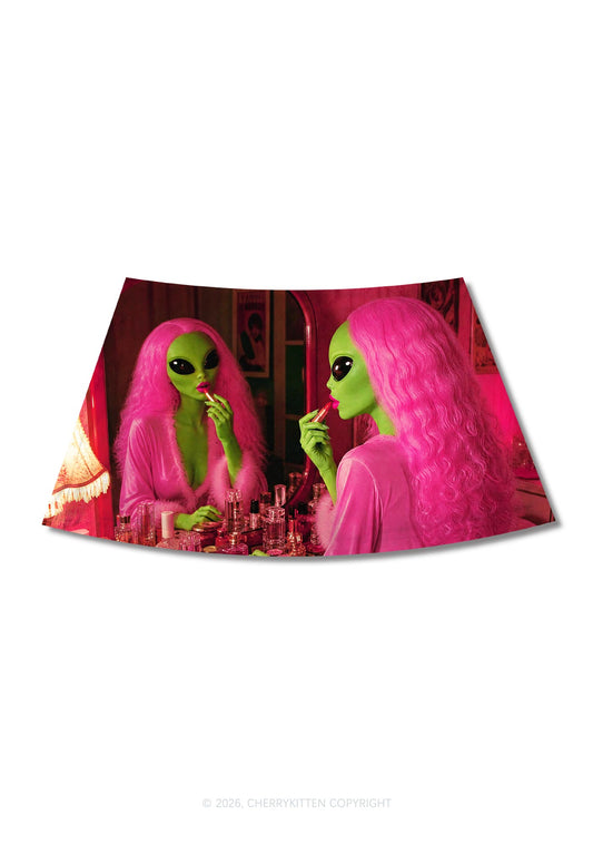 Pink Wig Makeup Alien Y2K Print Mini Skirt Cherrykitten
