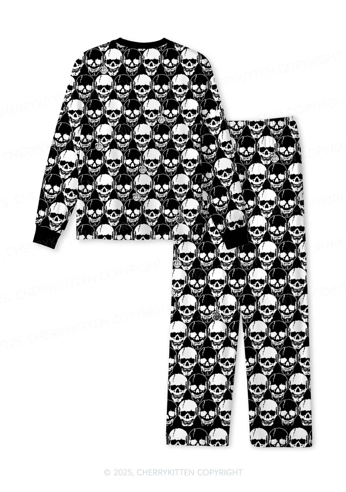 Fxck Skulls Y2K Print Long Sleeve Pajama Set Cherrykitten
