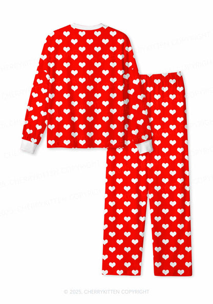 White Heart On Red Valentine's Day Y2K Print Long Sleeve Pajama Set Cherrykitten
