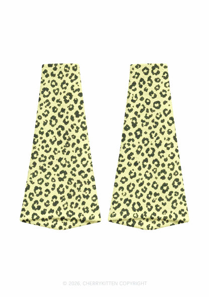 Light Yellow Leopard Y2K Print Fuzzy Flared Leg Warmers Cherrykitten