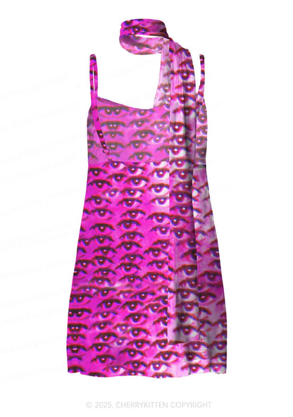 Halloween Pink Eyes Y2K Mesh Slip Dress Cherrykitten