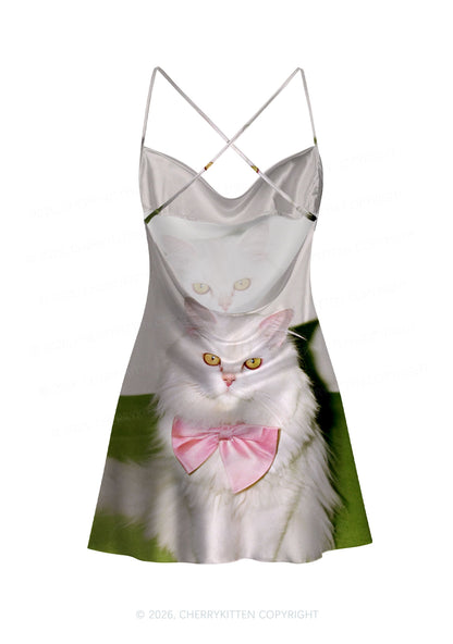 Pink Bow Cat Y2K Print Satin Cowl Neck Slip Dress Cherrykitten