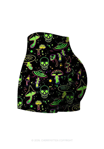 Neon Skull Mushroom Y2K Print Yoga Shorts Cherrykitten