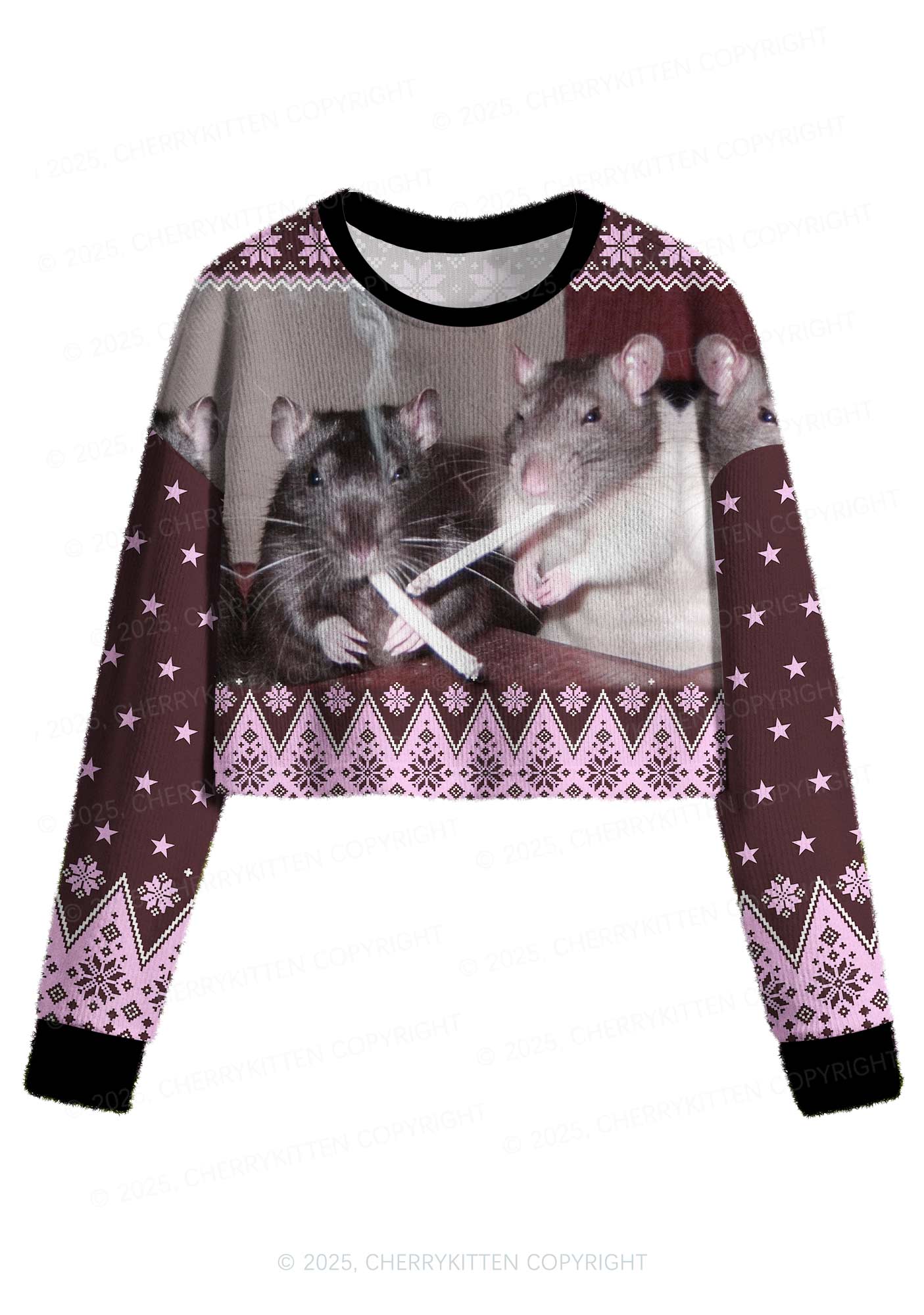 Brown Smoking Rats Y2K Christmas Crop Knit Sweatshirt Cherrykitten