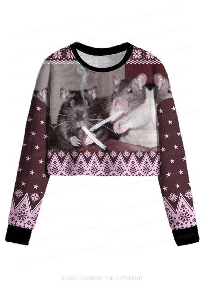 Brown Smoking Rats Y2K Christmas Crop Knit Sweatshirt Cherrykitten