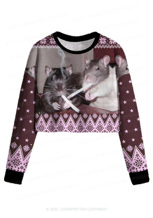 Brown Smoking Rats Y2K Christmas Crop Knit Sweatshirt Cherrykitten