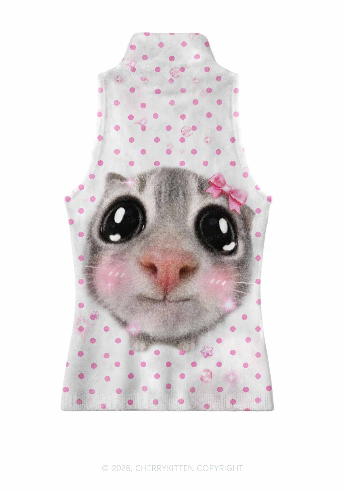 Pink Dots Bow Cat Y2K Knit Turtleneck Tank Top Cherrykitten