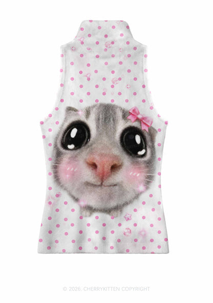 Pink Dots Bow Cat Y2K Knit Turtleneck Tank Top Cherrykitten