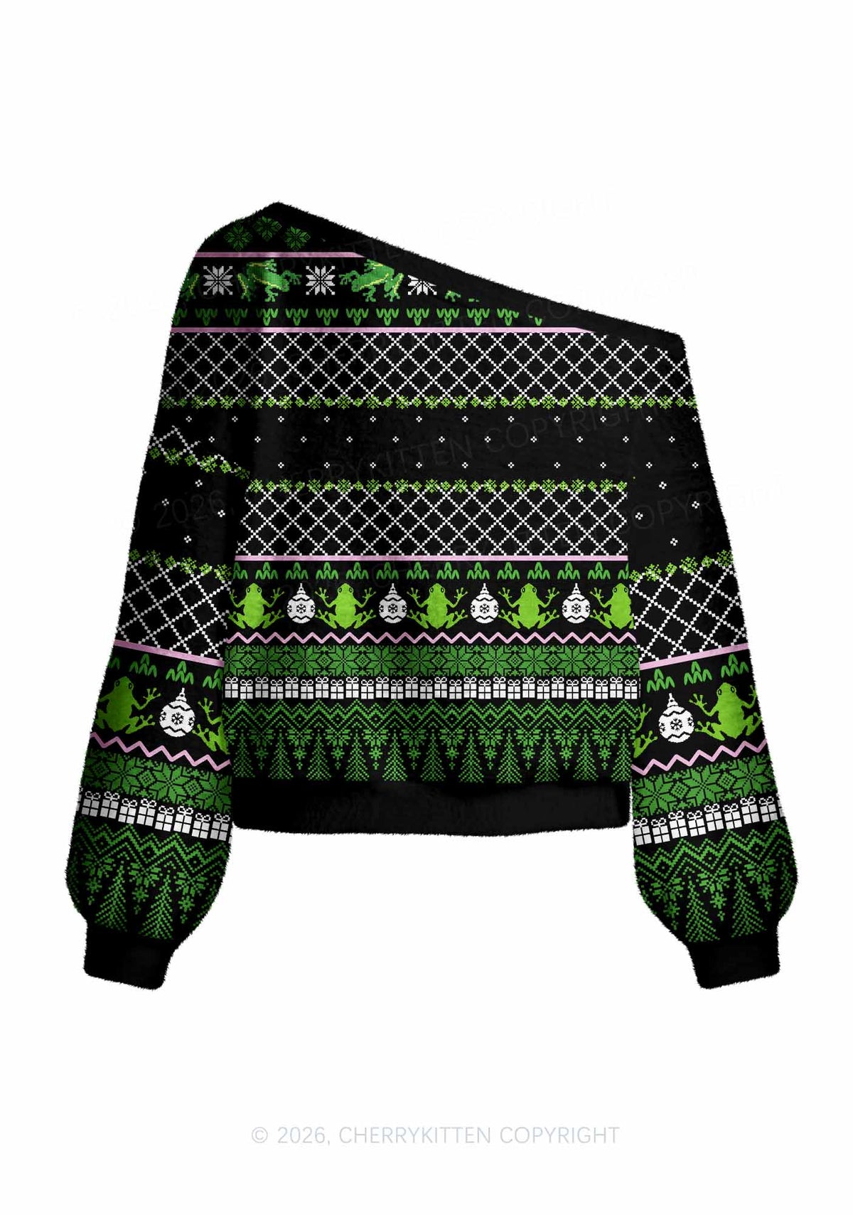 Eat The Rich Frog Y2K Off Shoulder Knit Sweatshirt Cherrykitten