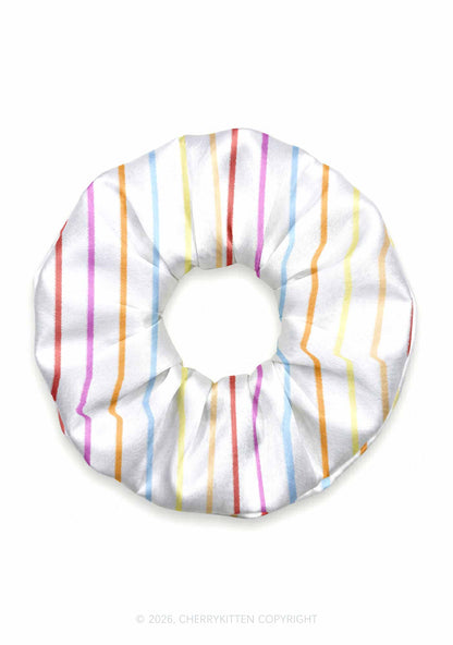 Rainbow Stripe On White Y2K Hair Scrunchie Cherrykitten