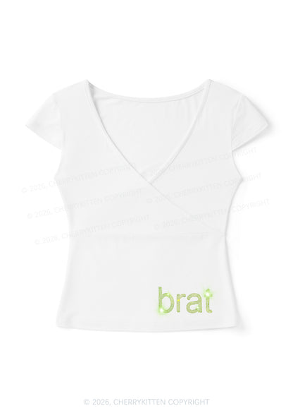 Rhinestone Green Brat Y2K Wrap V Neck T Shirts Cherrykitten