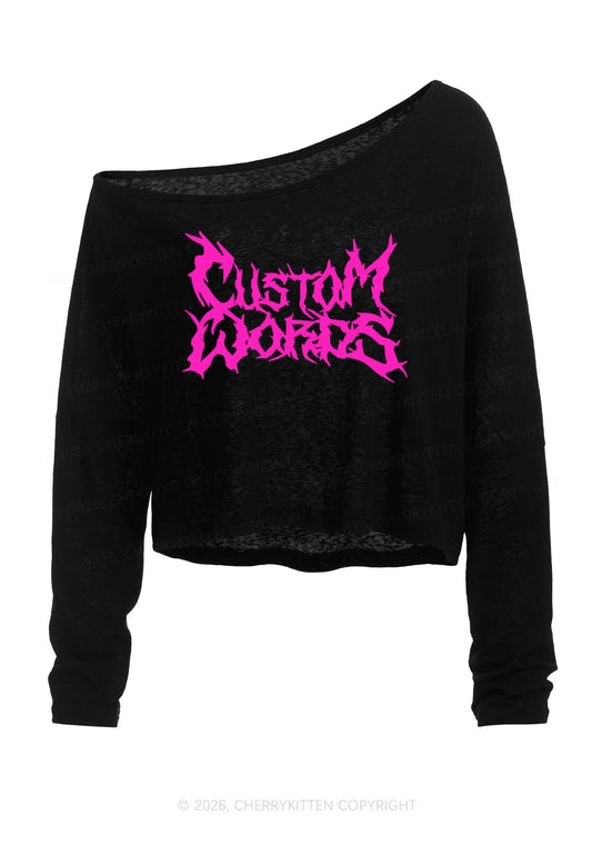 Custom Text Punk Font Y2K Off Shoulder Long Sleeve Crop Top Cherrykitten