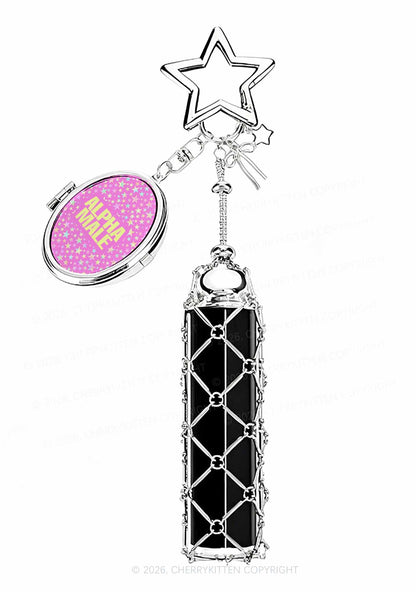 Hot Pink Alpha Male Pride 1pc Y2K Metal Mesh Lipstick Holder Keychain With Mirror Cherrykitten
