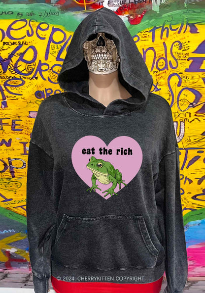 Eat The Rich Frog Y2K Washed Hoodie Cherrykitten