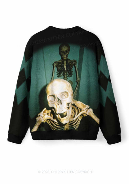 Halloween Double Skeleton Selfie Y2K Knit Sweatshirt Cherrykitten